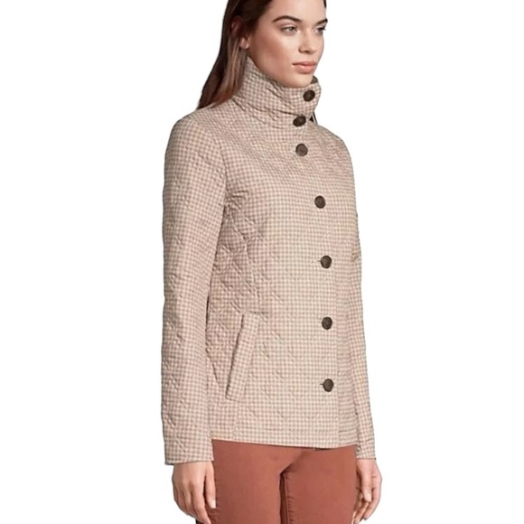 Lands End Quilted Jacket Women Brown Tan Houndstooth Primaloft Packable Size S - Picture 1 of 7